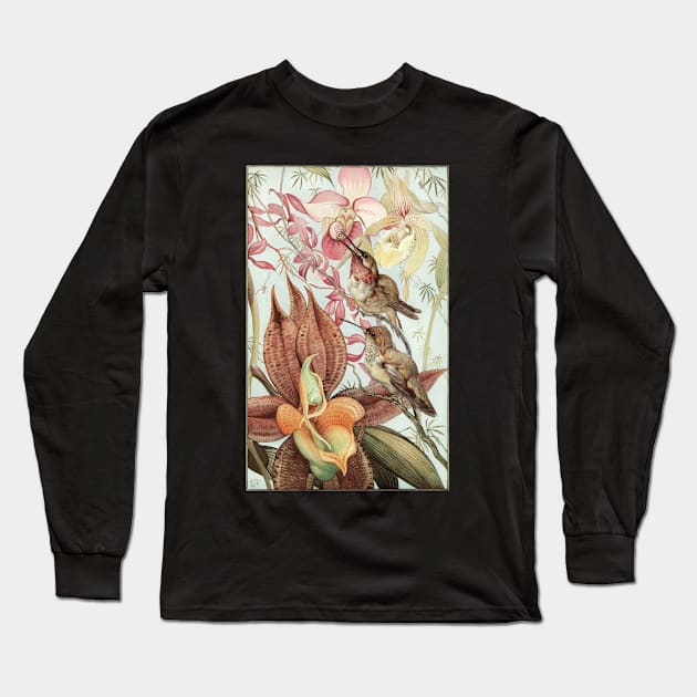 Hummingbirds and Tropical Orchid Flowers Long Sleeve T-Shirt by MasterpieceCafe